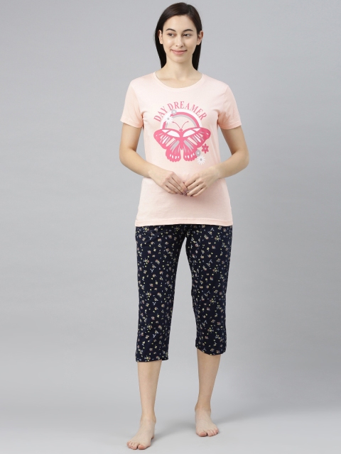 

Enviously Young Women Pink & Navy Blue Printed Pure Cotton Night suit
