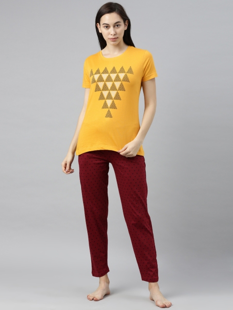 

Enviously Young Women Mustard Yellow & Maroon Printed Pure Cotton Night suit