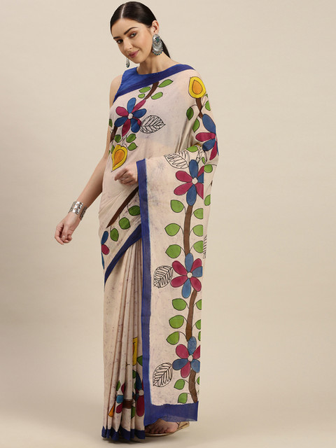 

Mitera Cream-Coloured & Blue Pure Cotton Printed Khadi Saree