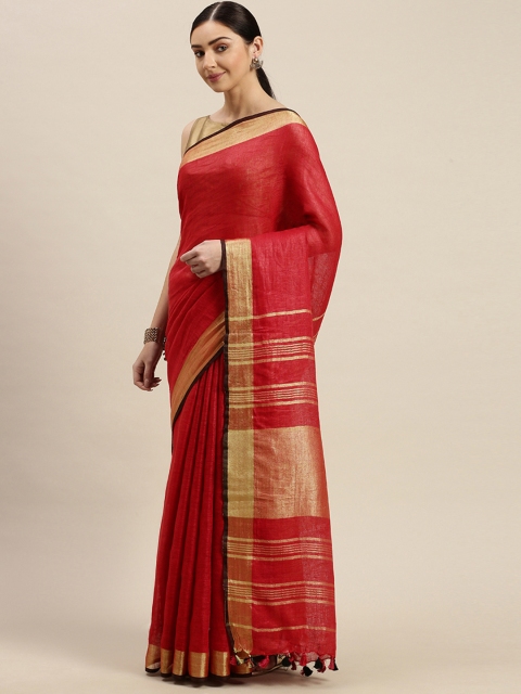 

Mitera Red & Golden Pure Linen Solid Handloom Sustainable Bhagalpuri Saree