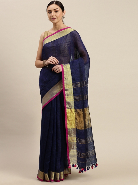 

Mitera Navy Blue & Golden Pure Linen Solid Handloom Sustainable Bhagalpuri Saree