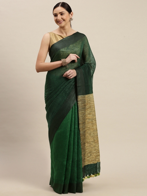 

Mitera Green & Golden Pure Linen Solid Handloom Sustainable Bhagalpuri Saree
