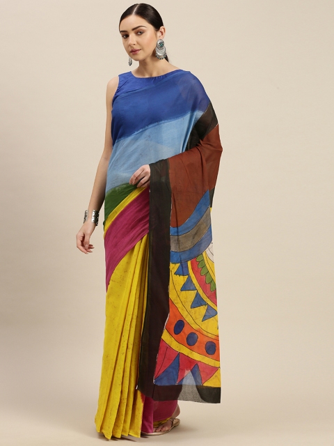 

Mitera Yellow & Blue Pure Cotton Solid Khadi Saree