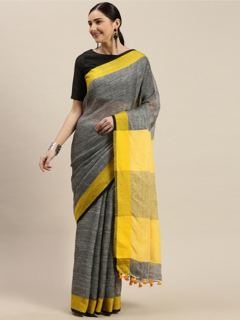 

Mitera Grey & Yellow Pure Linen Solid Handloom Sustainable Bhagalpuri Saree