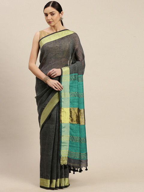 

Mitera Charcoal Grey Pure Linen Solid Bhagalpuri Handloom Saree