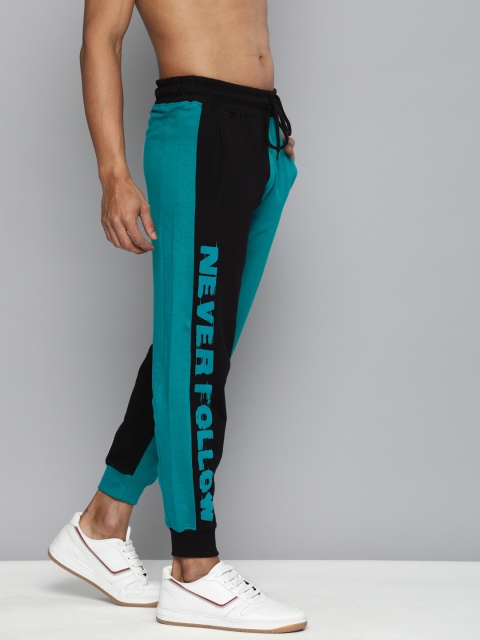 

HERE&NOW Men Black & Teal Blue Colourblocked Joggers