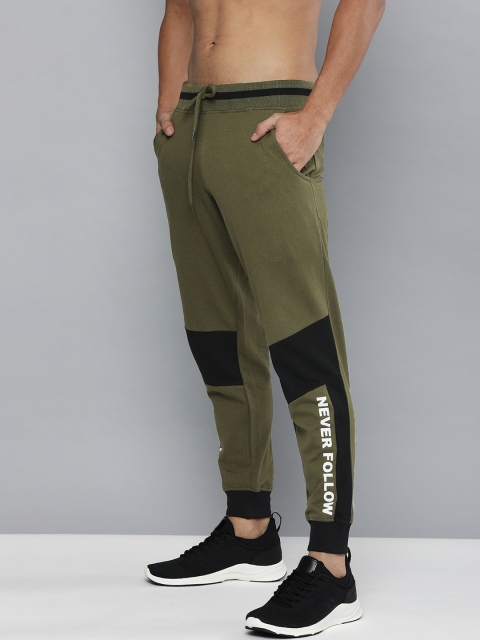 

HERE&NOW Men Olive Green & Black Colourblocked Joggers with Print Detailing