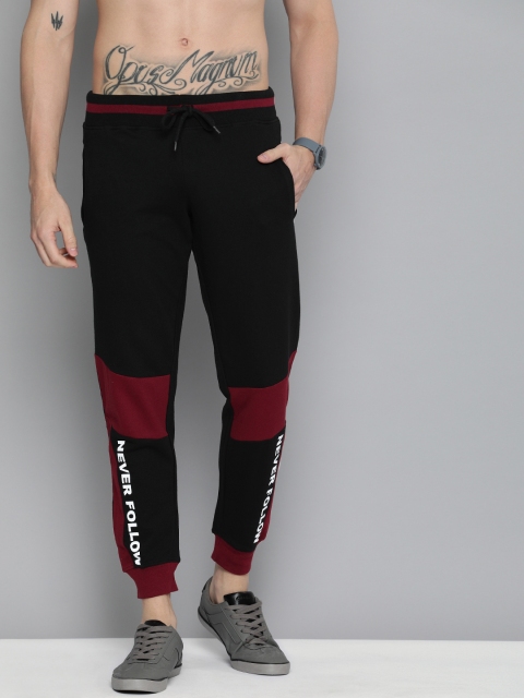 

HERE&NOW Men Black & Maroon Colourblocked Joggers