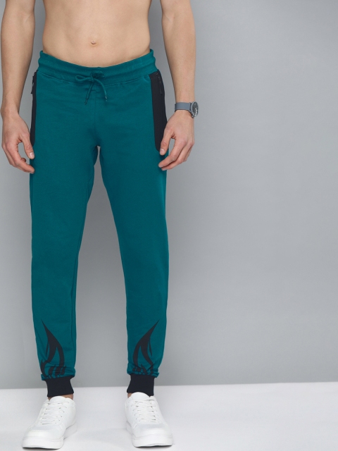 

HERE&NOW Men Teal Blue Solid Cotton Joggers with Abstract Print Detail