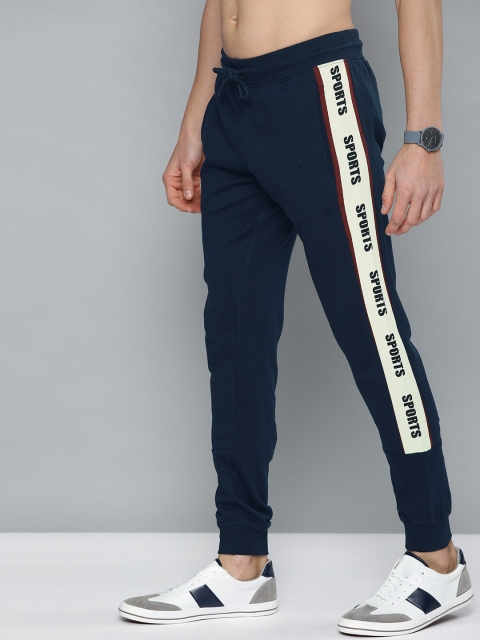 

HERE&NOW Men Navy Blue Solid Cotton Joggers with Side Taping Detail