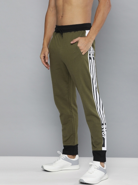 

HERE&NOW Men Olive Green & White Straight Fit Side Striped Track Pants