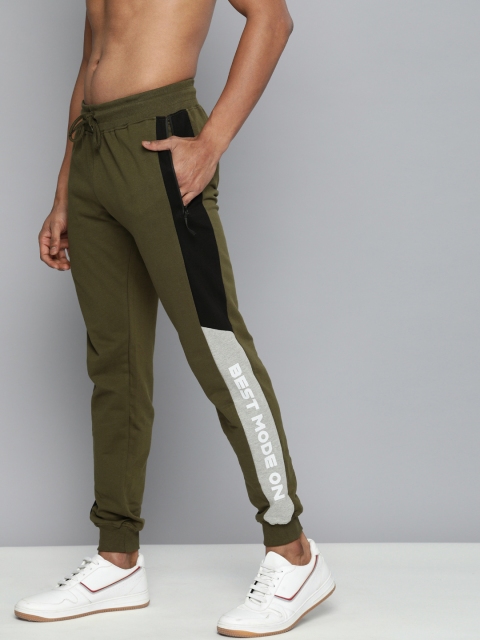 

HERE&NOW Men Olive Green Solid Straight Fit Joggers with Printed Detailing