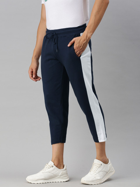 

HERE&NOW Men Navy Blue and White Side Striped Pure Cotton Track Pants