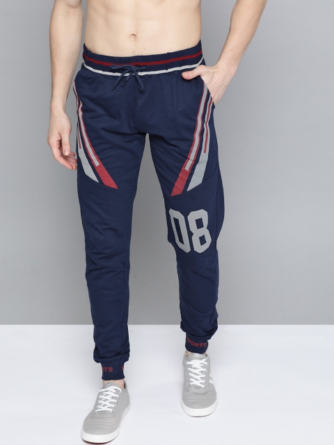 

HERE&NOW Men Navy Blue & Grey Pure Cotton Striped Joggers