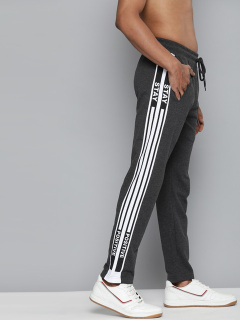 

HERE&NOW Men Charcoal Grey Solid Pure Cotton Straight Fit Side Striped Joggers