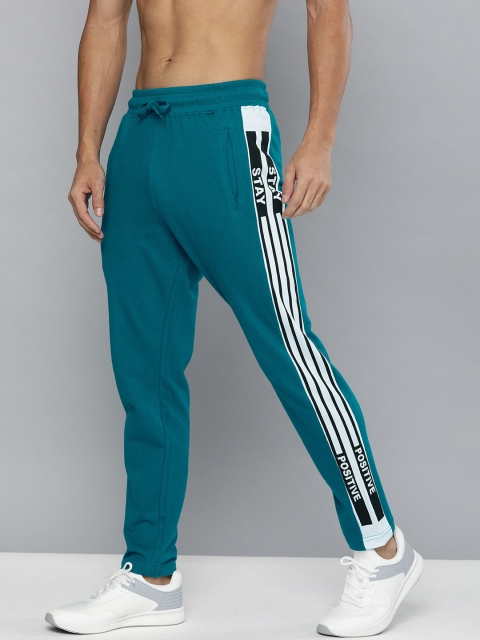 

HERE&NOW Men Teal Blue & White Straight Fit Side Striped Track Pants, Na