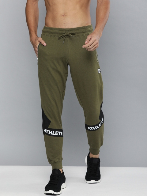 

HERE&NOW Men Olive Green Solid Joggers with Print Detailing