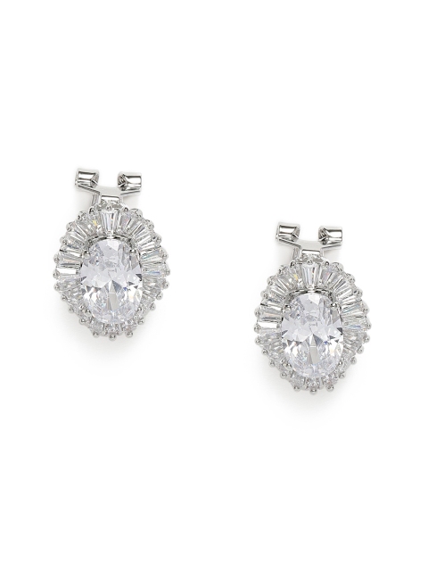 

AccessHer White Silver-Plated American Diamond Studded Oval Drop Earrings