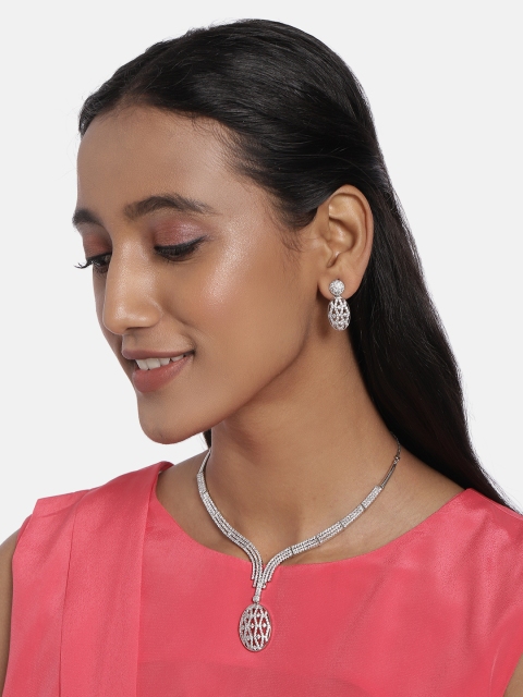 

AccessHer Silver-Toned Gold-Plated CZ & AD Studded Handcrafted Jewellery Set