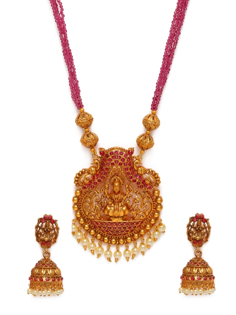 

AccessHer Red Gold-Plated Ruby Beaded Temple Handcrafted Jewellery Set