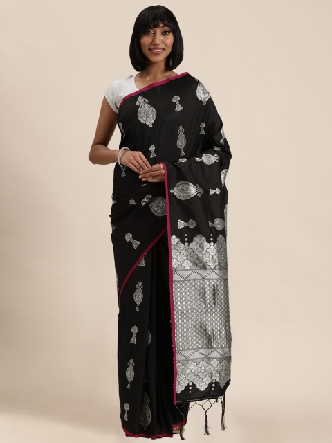 

Mitera Black & Silver-Toned Silk Blend Woven Design Kanjeevaram Saree