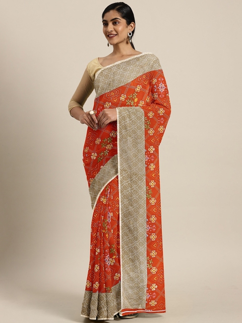 

KALINI Orange & Beige Pure Georgette Printed Saree