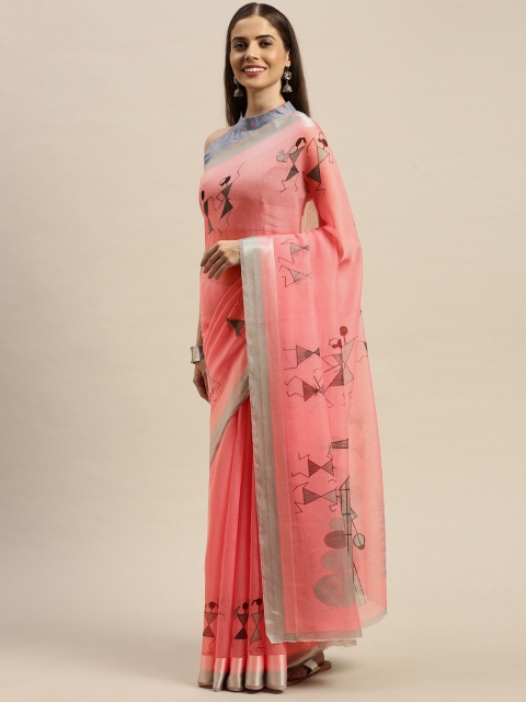 

KALINI Peach-Coloured & Beige Printed Saree