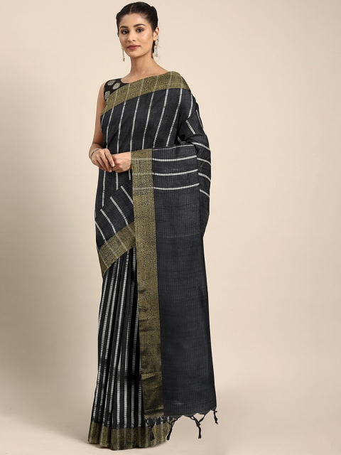 

KALINI Black & Silver-Coloured Poly Silk Striped Saree