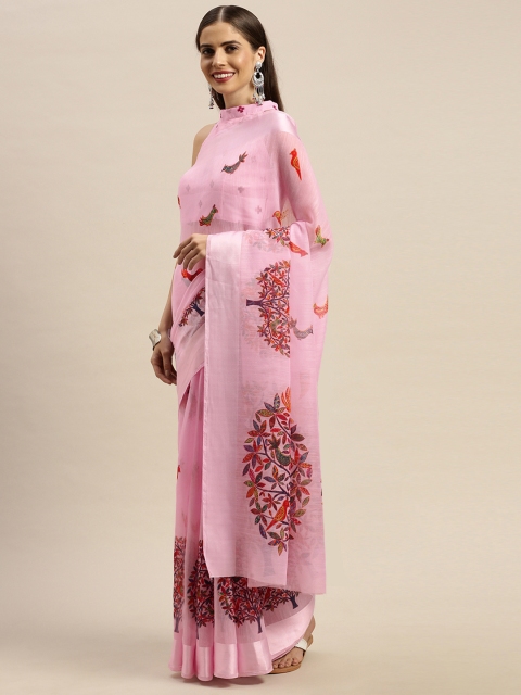 

KALINI Pink Ethnic Motifs Print Cotton Blend Satin Border Saree