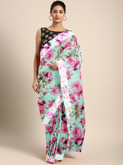 

KALINI Green & Pink Floral Printed Celebrity Saree