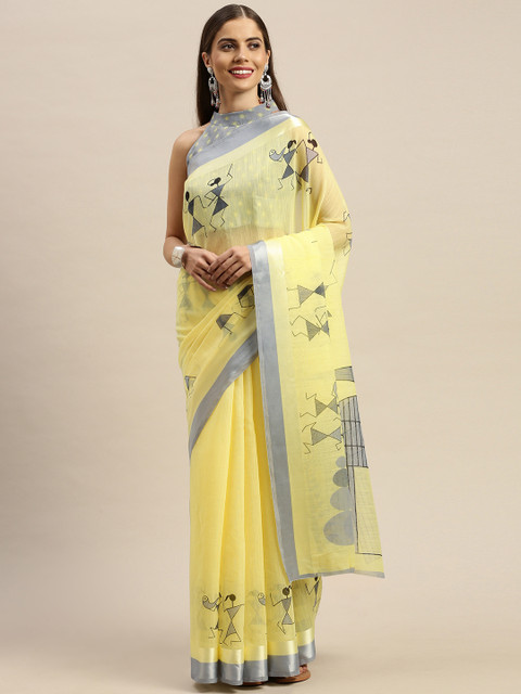 

KALINI Yellow & Grey Cotton Blend Printed Satin Patta Saree