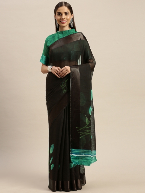 

KALINI Brown & Green Cotton Blend Floral Printed Saree