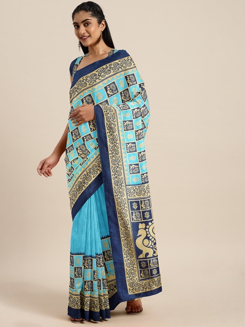 

KALINI Turquoise Blue & Beige Art Silk Printed Saree