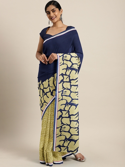 

KALINI Navy Blue & Beige Pure Georgette Printed Saree