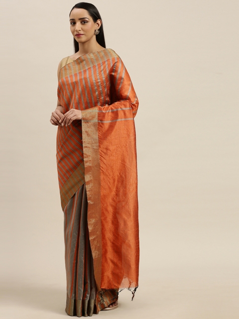 

KALINI Orange & Silver-Toned Checked Kanjeevaram Saree