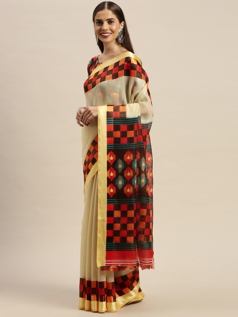 

KALINI Cream-Coloured & Red Cotton Blend Solid Saree