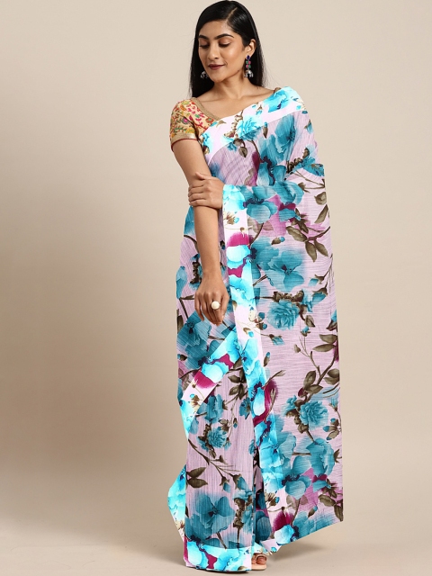 

KALINI Pink & Blue Cotton Blend Floral Printed Saree