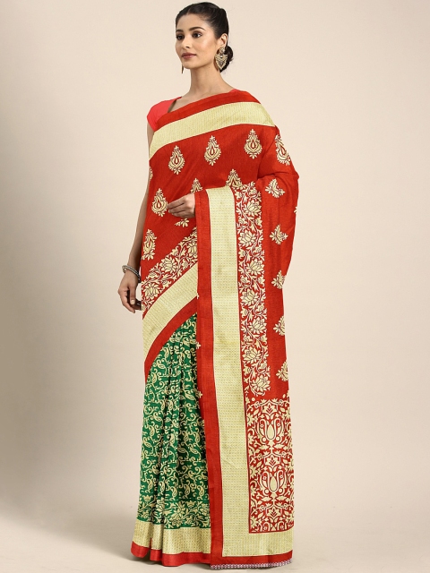 

KALINI Red & Green Poly Silk Printed Banarasi Saree
