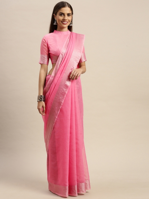 

KALINI Pink Solid Zari Border Cotton Blend Saree