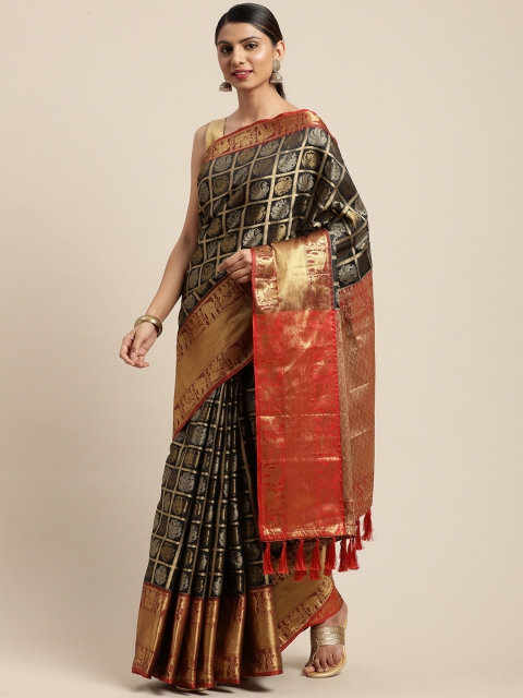 

VASTRANAND Black & Gold-Toned Woven Design Banarasi Saree