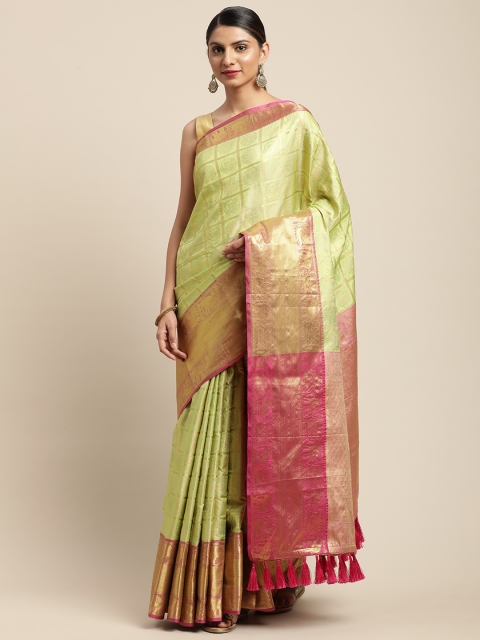 

VASTRANAND Lime Green & Gold-Coloured Checked Banarasi Celebrity Saree