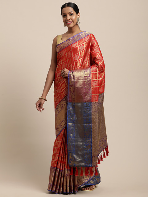 

VASTRANAND Red & Gold-Toned Woven Design Banarasi Saree
