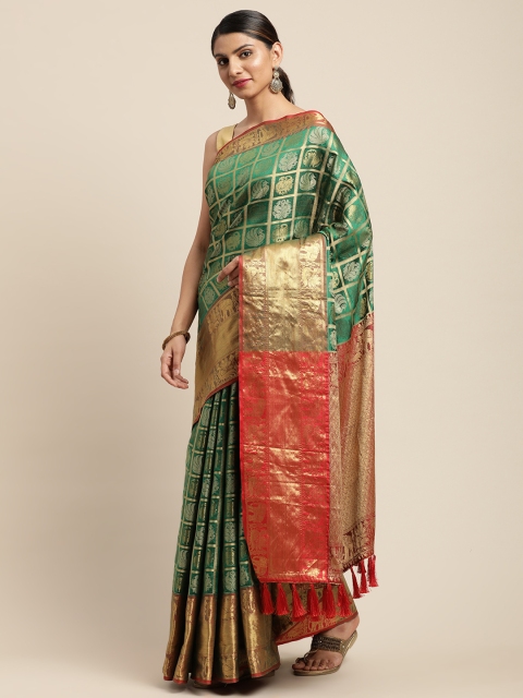 

VASTRANAND Green & Gold-Coloured Checked Banarasi Celebrity Saree