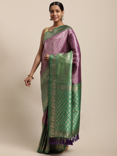 

VASTRANAND Purple & Green Silk Blend Woven Design Banarasi Saree