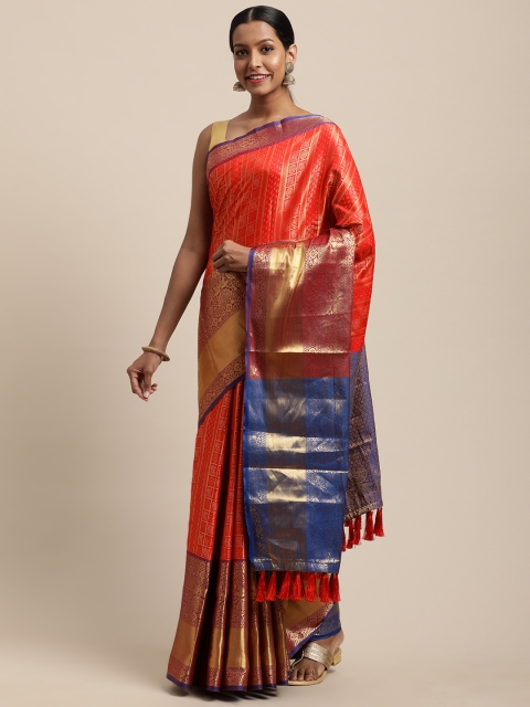 

VASTRANAND Red & Gold-Coloured Checked Banarasi Celebrity Saree