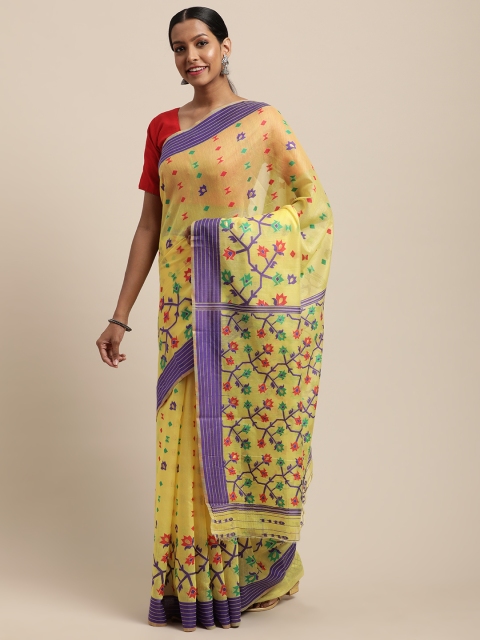 

VASTRANAND Yellow & Purple Silk Cotton Woven Design Jamdani Saree