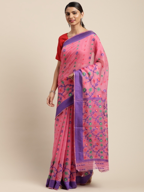 

VASTRANAND Pink & Blue Woven Design Jamdani Saree