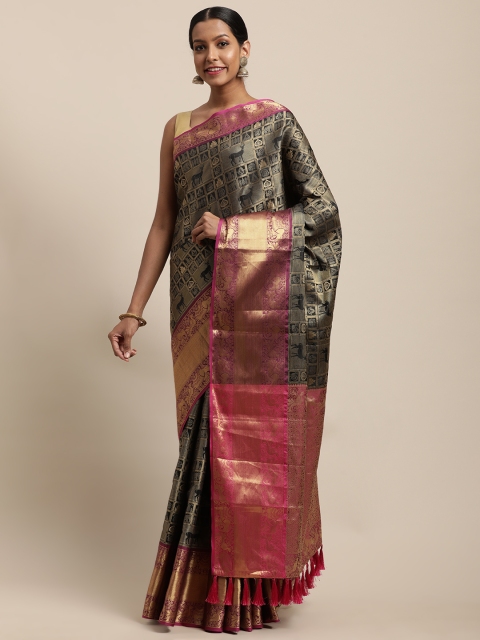 

VASTRANAND Black & Gold-Toned Silk Blend Woven Design Banarasi Saree
