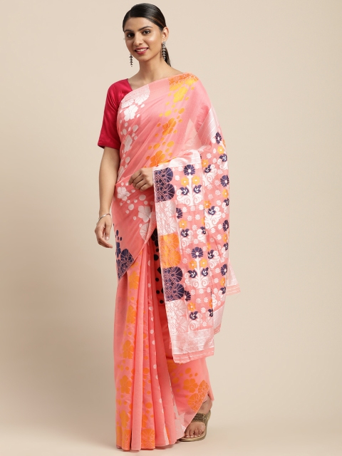 

VASTRANAND Pink & Navy Blue Woven Design Jamdani Saree