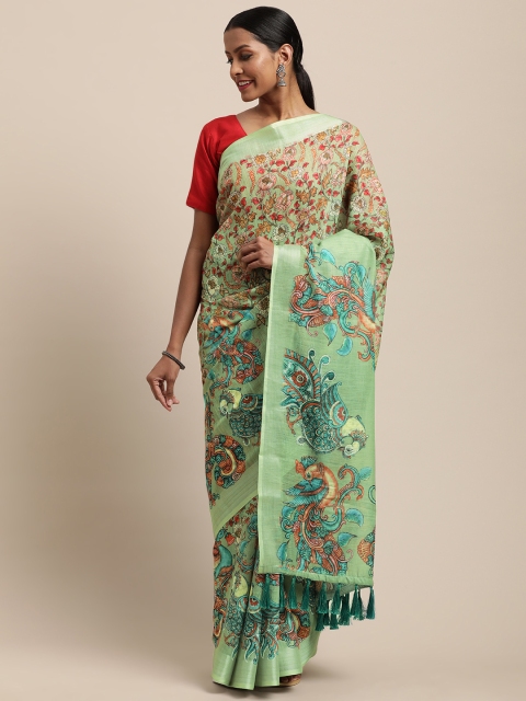 

VASTRANAND Green & Blue Kalamkari Printed Saree